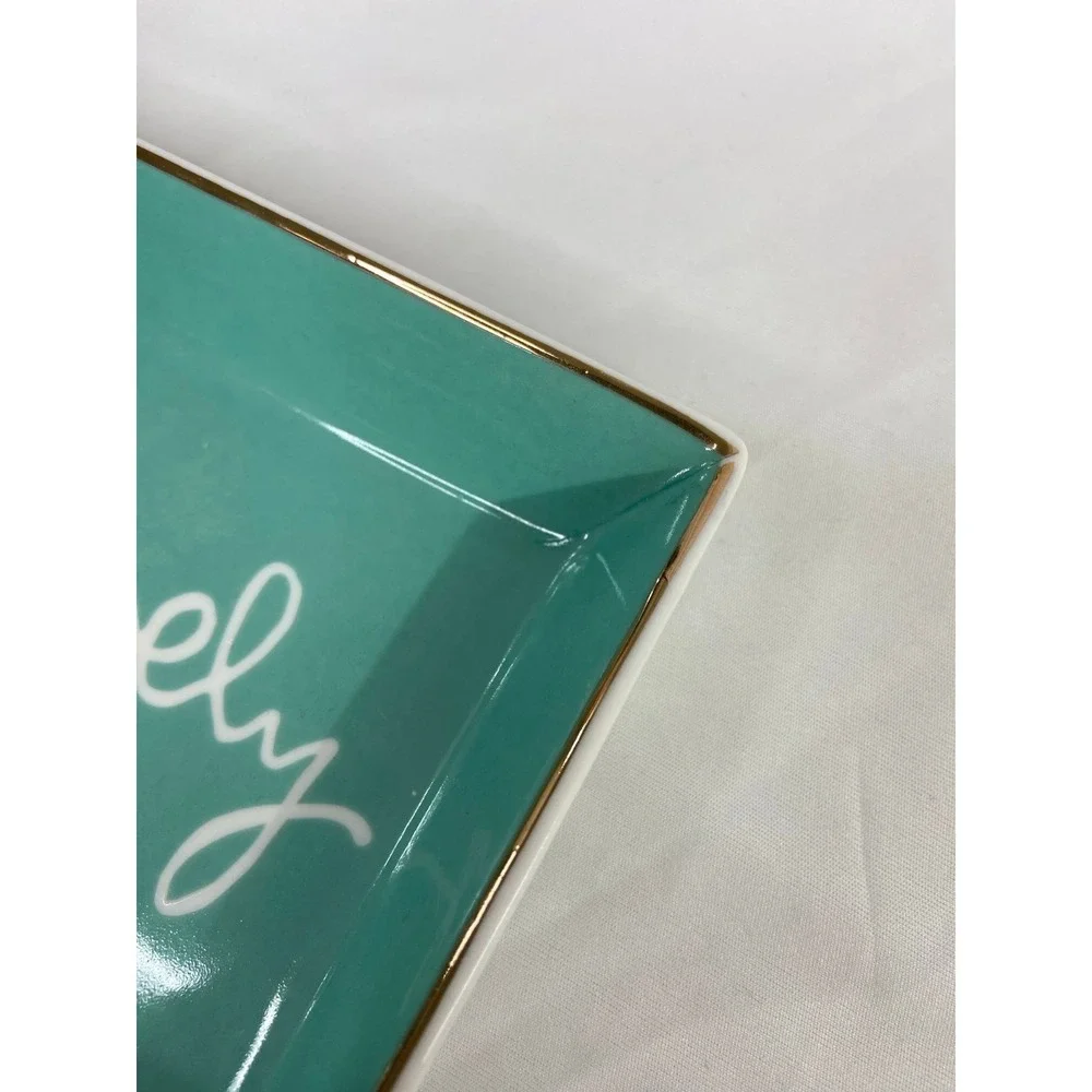 EUC‎ J. Crew turquoise cursive gold rim rectangle jewelry dish decor glassware
